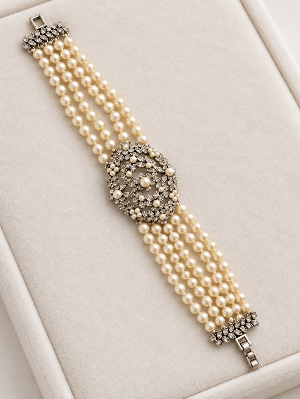 Salone Monet Ivory Pearl Multi-Strand Bracelet with Crystal Floral Medallion